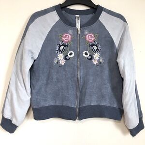 Beautees big girls Y2K embroidered flower blue long sleeve zip up bomber jacket